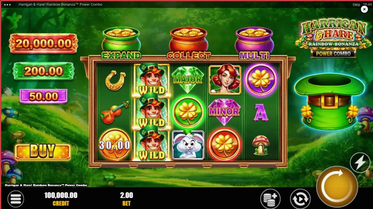 Tela de jogo do slot Harrigan & Hare Rainbow Bonanza Power Combo com elementos temáticos irlandeses